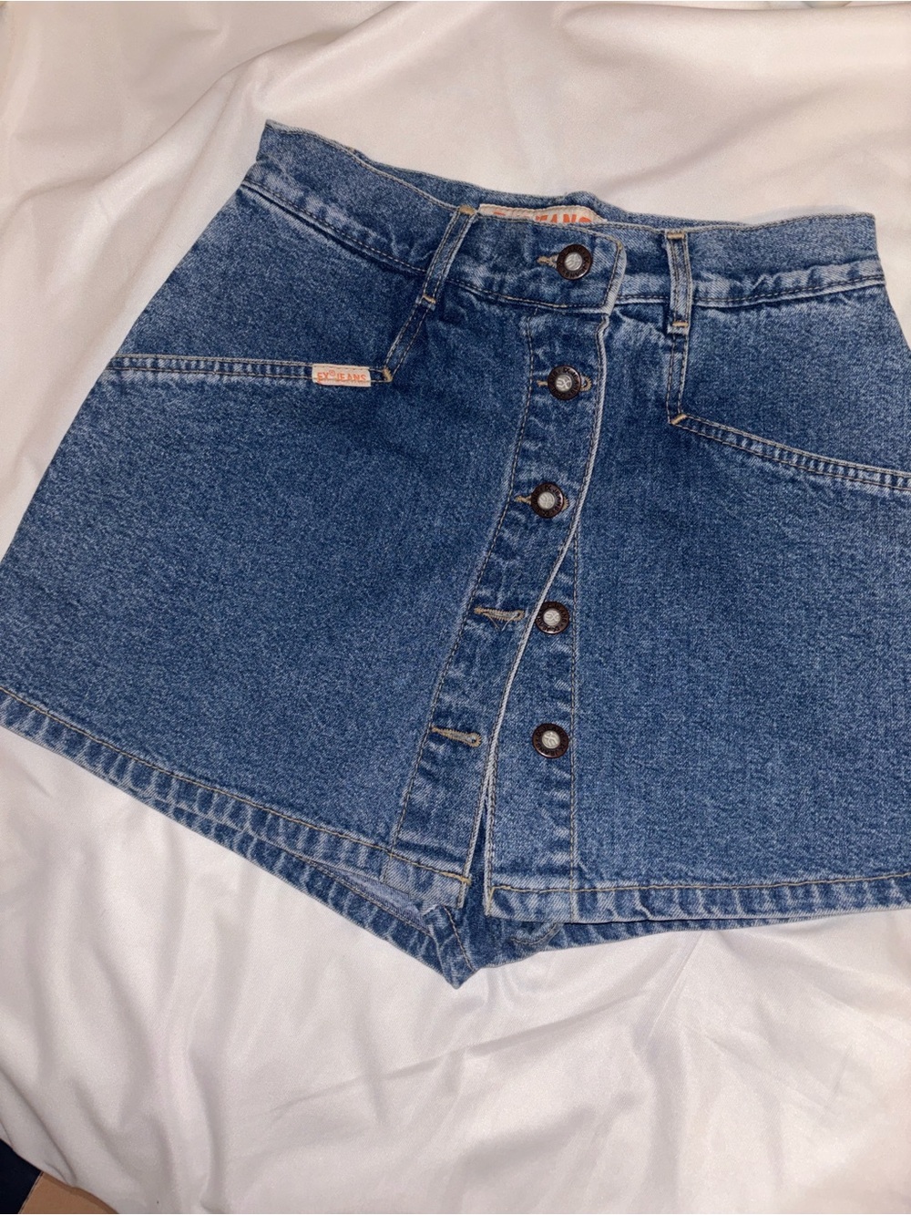Vintage High-Waist Blue Denim Button-Front Mini Skirt with built in shorts